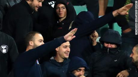 Bulgarian fans gesture during the UEFA Euro 2020 qualifier between Bulgaria and England.