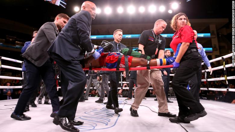 Patrick Day is stretchered out of the ring after being knocked out in his bout against Charles Conwell on October 12, 2019, in Chicago, Illinois.