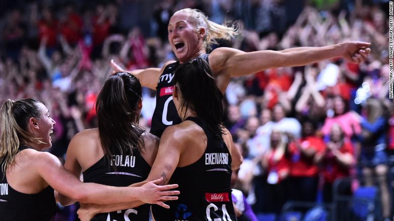 Laura Langman of New Zealand celebrates after the 2019 Netball World Cup final.