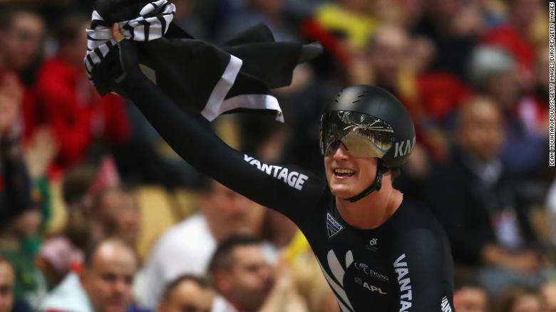 Campbell Stewart of New Zealand celebrates winning the gold medal in the Men&#39;s Omnium final at the UCI track cycling World Championships in March.