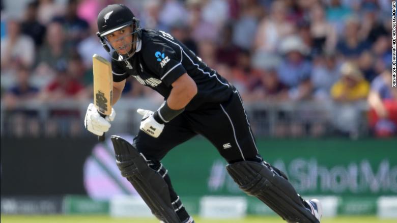 New Zealand&#39;s Ross Taylor watches the ball after playing a shot during the 2019 Cricket World Cup group stage match between West Indies and New Zealand in June.