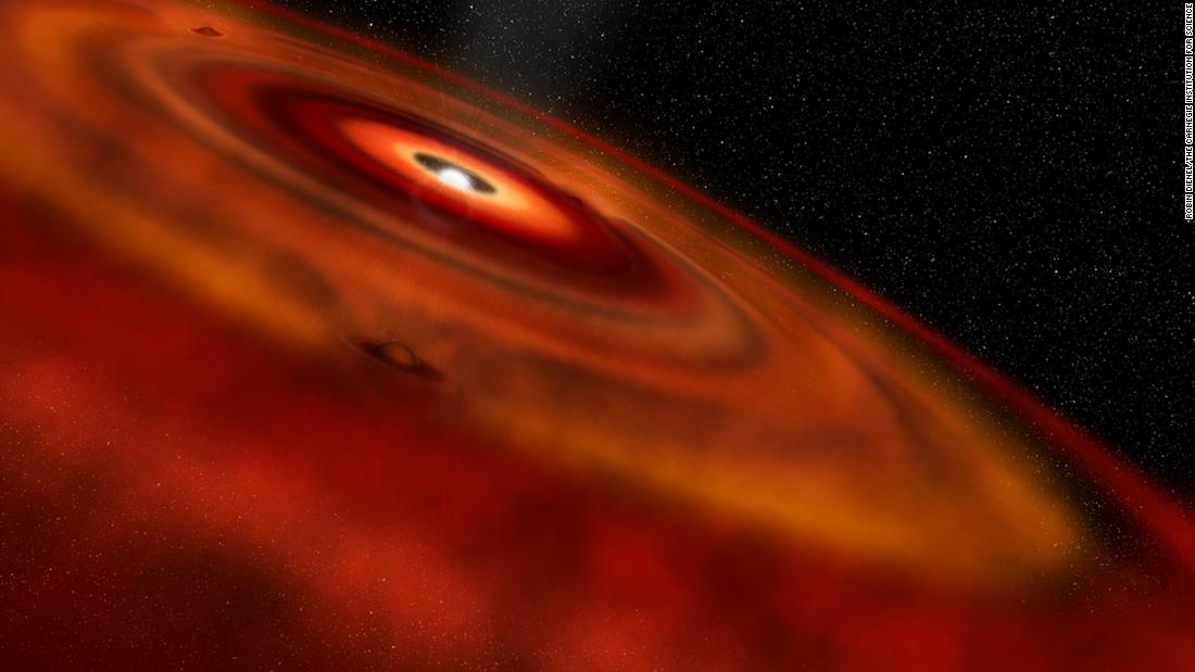 This is an artist&#39;s illustration of gas and dust disk around the star HD 163296. Gaps in the disk are likely the location of baby planets that are forming.