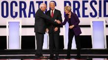 Presidential candidates Bernie Sanders, Joe Biden and Elizabeth Warren participate in the Democratic debate co-hosted by CNN and The New York Times in Westerville, Ohio, on Tuesday, October 15.