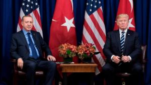 Turkey's President Recep Tayyip Erdogan and US President Donald Trump wait for a meeting at the Palace Hotel during the 72nd United Nations General Assembly September 21, 2017 in New York City. 