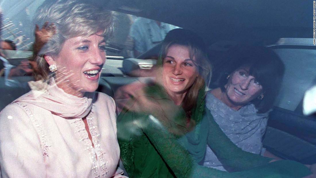 A laughing Princess of Wales with Jemima Khan (now Goldsmith) and her mother, Annabel Goldsmith, in Lahore, Pakistan. 