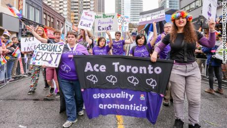 An ace group marches at the Toronto Pride Parade on June 24, 2018.