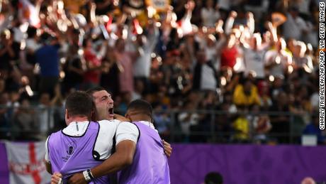 England celebrates after Jonny May&#39;s scores the first try of the match.