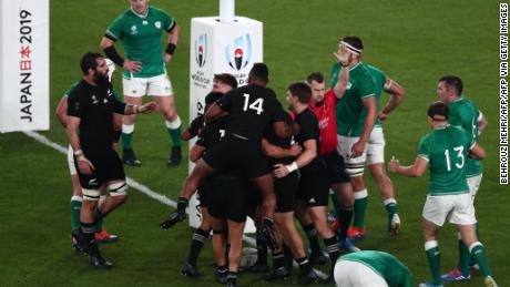 Aaron Smith celebrates his opening try against Ireland.