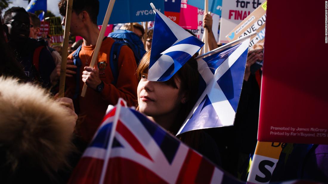 Crowds gather during a People&#39;s Vote campaign march in London, England, on Saturday, October 19.