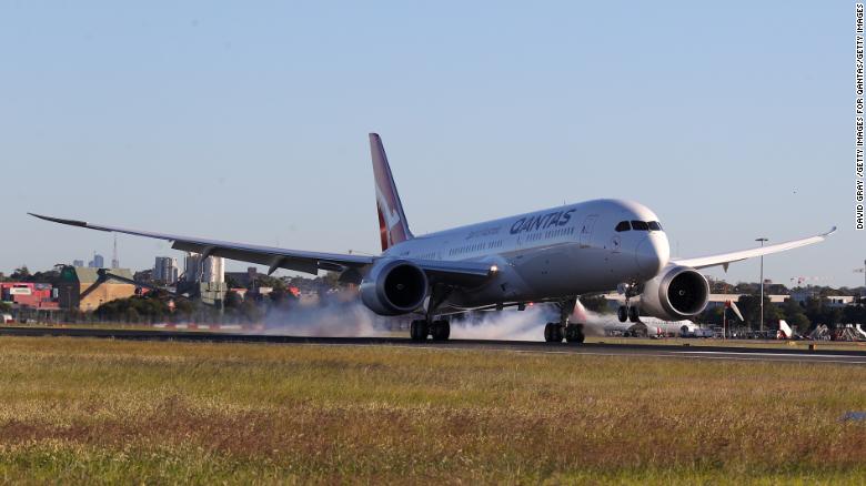 The Qantas Boeing 787 Dreamliner plane arrives at Sydney International Airport