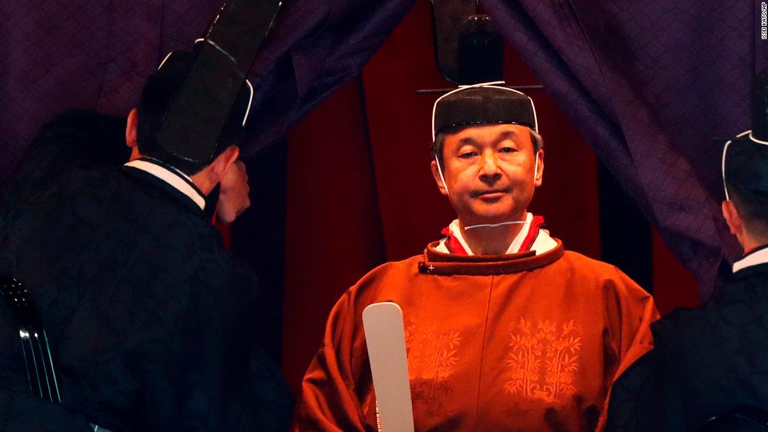 Japan's Emperor Naruhito makes his appearance during a ceremony to proclaim his enthronement to the world at the Imperial Palace in Tokyo, Japan, on October 22, 2019. 