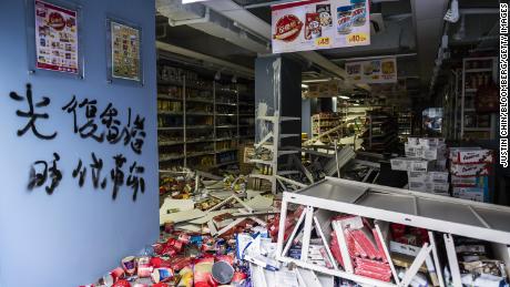 Scattered merchandise inside a vandalized store during a protest in Hong Kong on October 20, 2019. 