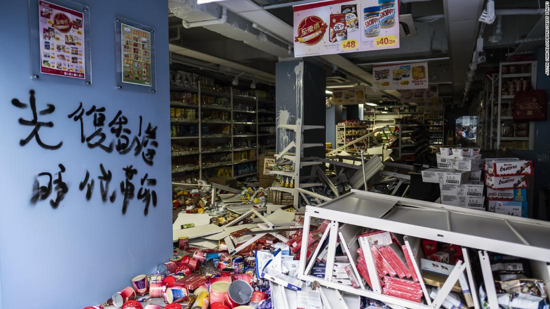 Scattered merchandise inside a vandalized store during a protest in Hong Kong on October 20, 2019. 