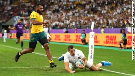 Jonny May scores for England against Australia in the Rugby World Cup quarterfinals. 