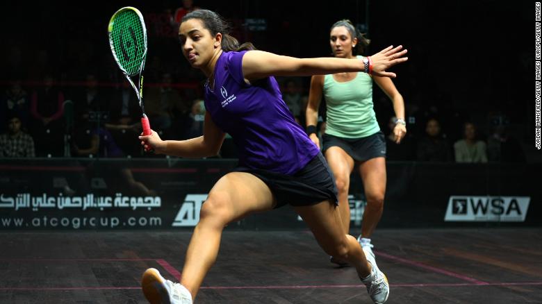 World No.1 Raneem El Welily of Egypt in action against Camille Serme of France.