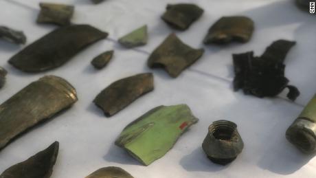 Shells laid out on display at an army base in Jura, Pakistani-administered Kashmir, on October 22, 2019. 