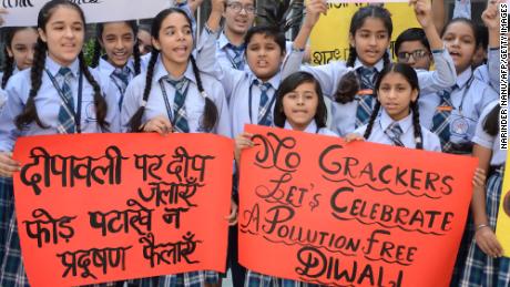 Students participate in an anti-firecracker rally ahead of Diwali in Amritsar on October 23, 2019.