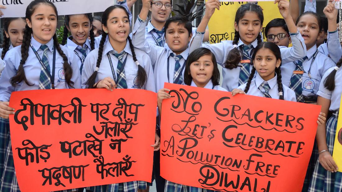 Students participate in an anti-firecracker rally ahead of Diwali in Amritsar on October 23, 2019.