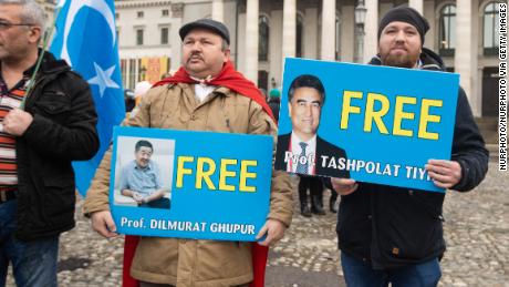 Protesters demanding freedom for Prof. Dilmurat Ghpur and Prof. Tashpolat Tiyh in Munich, Germany, on February 2.