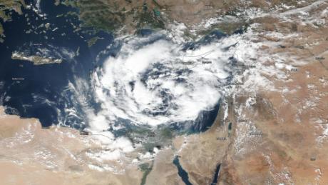 A &quot;Medicane,&quot; or hurricane-like storm in the Mediterranean, spins near the coasts of Egypt and Israel on Thursday.
