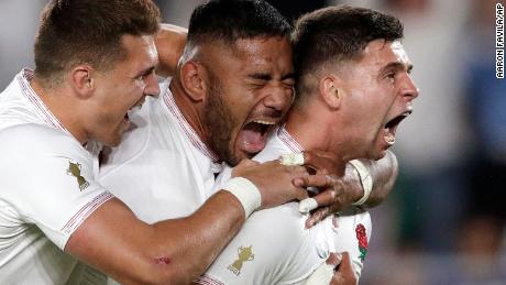 England teammates celebrate a try by England&#39;s England teammates celebrate a try by England&#39;s Ben Youngs, right, that was overturned after a offside call during the Rugby World Cup semifinal at International Yokohama Stadium between New Zealand and England in Yokohama, Japan, Saturday, Oct. 26, 2019. (AP Photo/Aaron Favila)