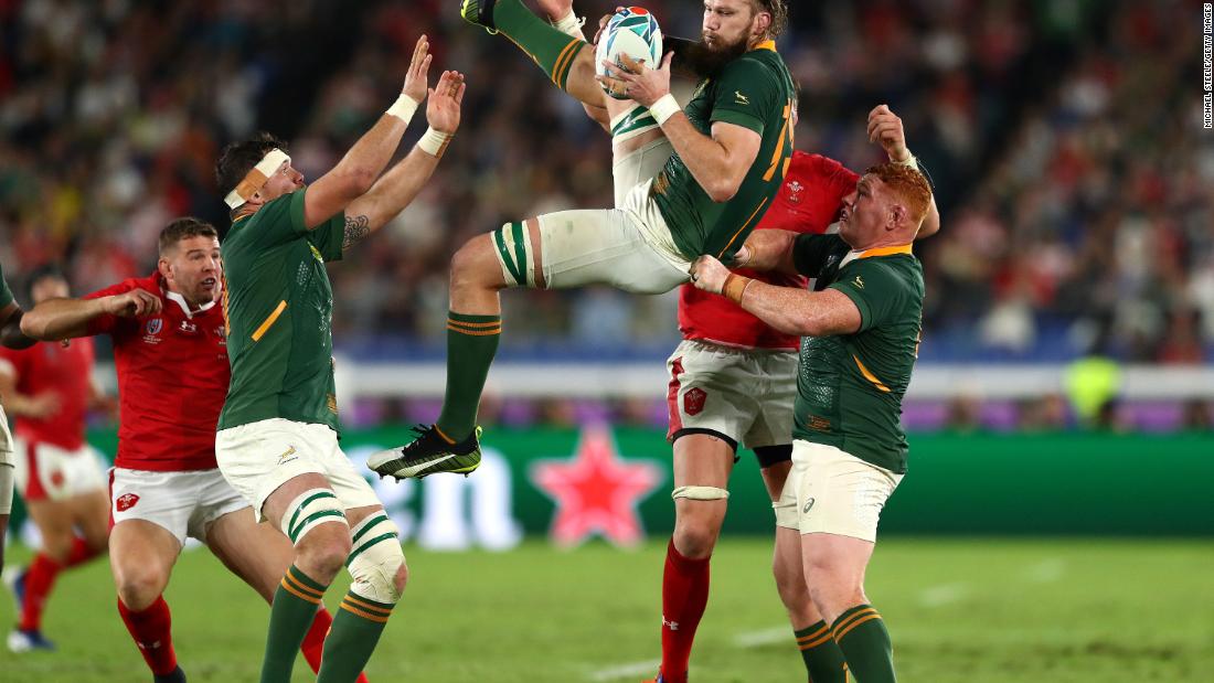 South Africa&#39;s RG Snyman wins a high ball against Wales.