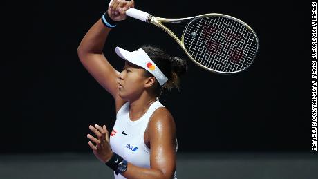 SHENZHEN, CHINA - OCTOBER 27: Naomi Osaka of Japan plays a forehand against Petra Kvitova of the Czech Republic during their Women&#39;s Singles match on Day One of the 2019 WTA Finals at Shenzhen Bay Sports Center on October 27, 2019 in Shenzhen, China. (Photo by Matthew Stockman/Getty Images)
