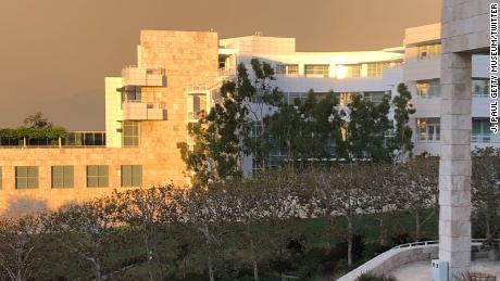 The J. Paul Getty Center Museum in the orange glow of wildfires in southern California.