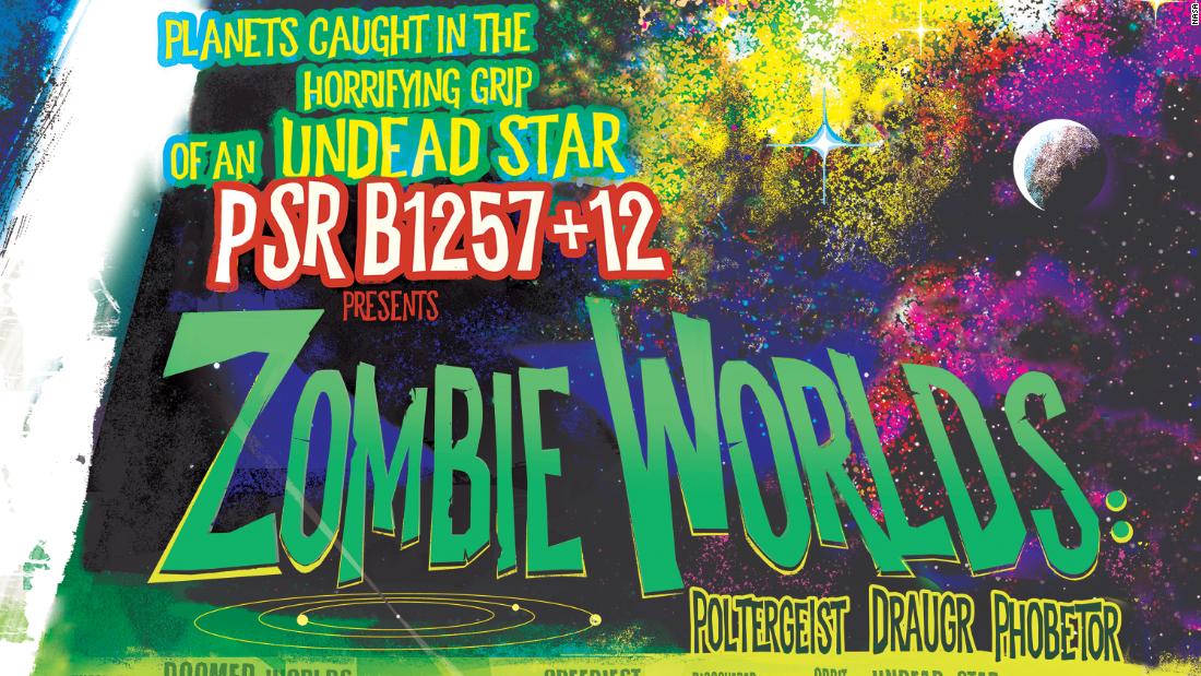 Three zombie worlds orbit the core of an exploded star that lashes out with radiating pulses in a new NASA poster.