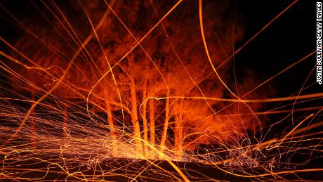 High winds blow hot embers from the Kincade Fire on October 29, 2019 in Calistoga, California. 