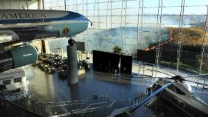 Former US President Ronald Reagan&#39;s Air Force One sits on display at the Reagan Presidential Library as the Easy Fire burns in the hills on October 30, 2019 in Simi Valley, California.