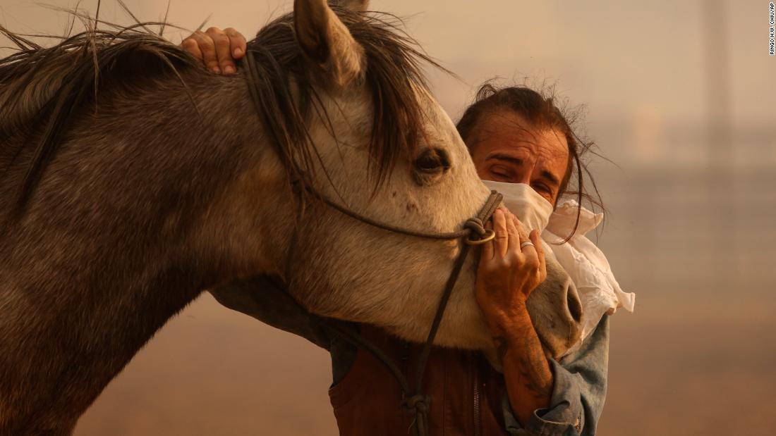 Fabio Losurdo comforts his horse, Smarty, at a ranch in Simi Valley on October 30.