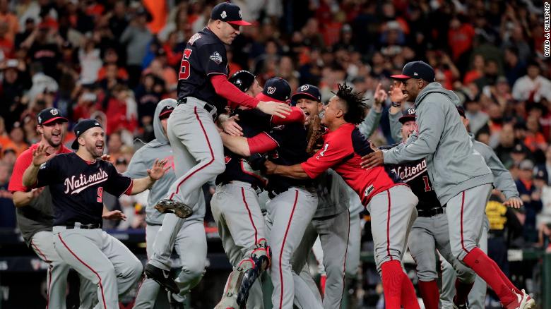 The Washington Nationals celebrate after winning the World Series on Wednesday, October 30. The Nationals defeated the Houston Astros 6-2 to win Game 7 and their first title in franchise history.