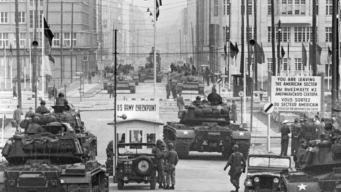 Soviet and American tanks face off at the border crossing known as &quot;Checkpoint Charlie,&quot; in October 1961. 