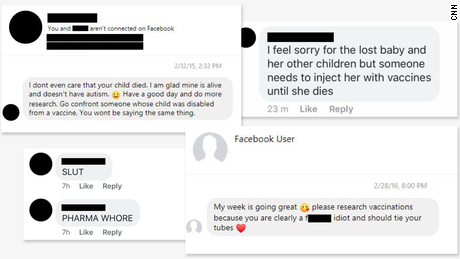 Messages and comments received by mothers who advocate for vaccines on Facebook after the deaths of their children.