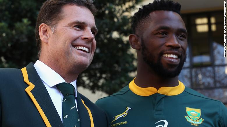 MONTECASINO, SOUTH AFRICA - JUNE 08:  Siya Kolisi, the first non white, captain of the South Africa Springboks poses with head coach Rassie Erasmus during the South Africa media session held at the Pivot Hotel on June 8, 2018 in Montecasino, South Africa.  (Photo by David Rogers/Getty Images)