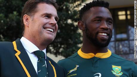 MONTECASINO, SOUTH AFRICA - JUNE 08:  Siya Kolisi, the first non white, captain of the South Africa Springboks poses with head coach Rassie Erasmus during the South Africa media session held at the Pivot Hotel on June 8, 2018 in Montecasino, South Africa.  (Photo by David Rogers/Getty Images)