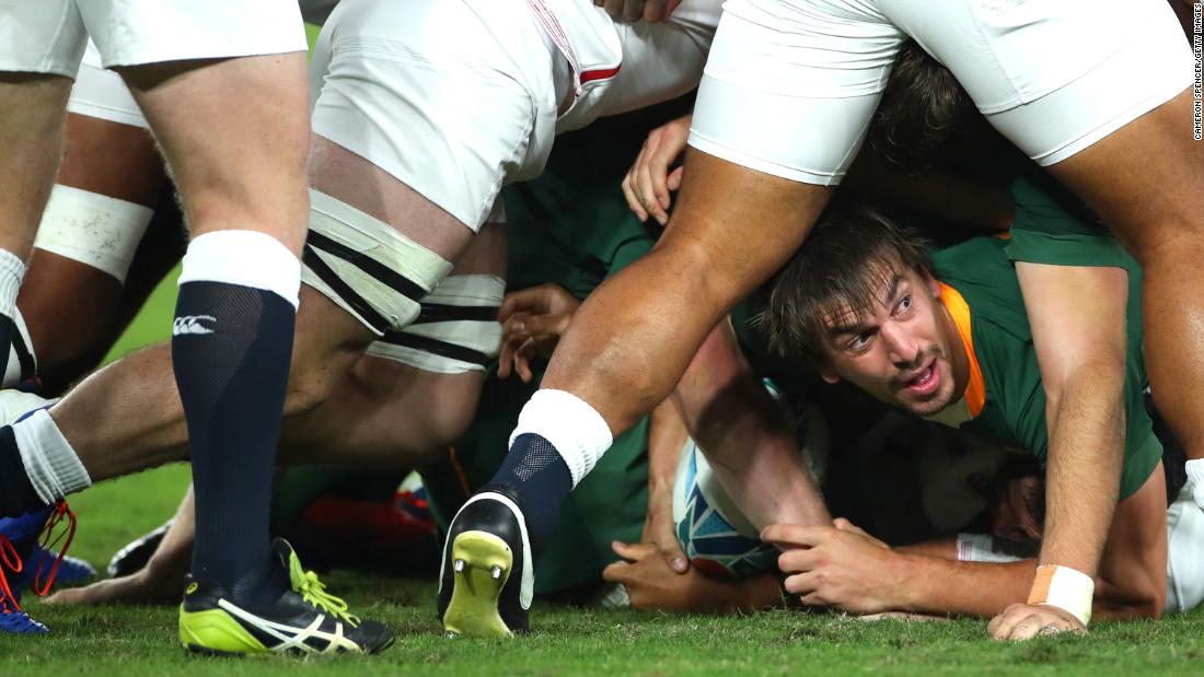 Eben Etzebeth of South Africa looks on from the bottom of the scrum. The Springboks ran away with the game in the second half after scoring two tries.