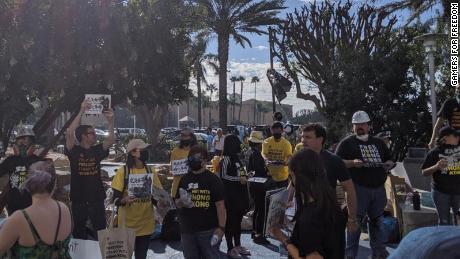 Protesters show up on Saturday outside the BlizzCon event in Anaheim, California.