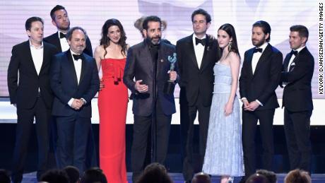 Brian Tarantina, far left, and the rest of &quot;The Marvelous Mrs Maisel&quot; cast accept a Screen Actors Guild award at The Shrine Auditorium in Los Angeles in January.