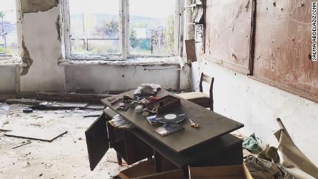 A schoolroom in Shyrokyne, a village abandoned by its residents after it was hit by artillery at the start of the war.