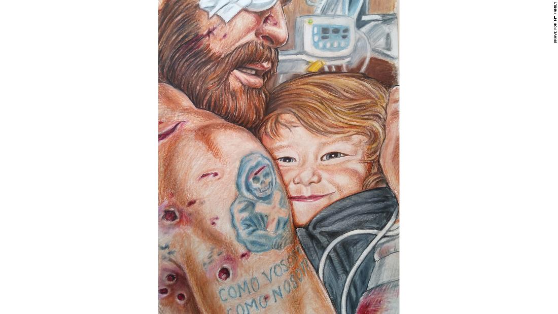 This illustration shows Dave embracing Davidson after surviving an attack in Afghanistan.