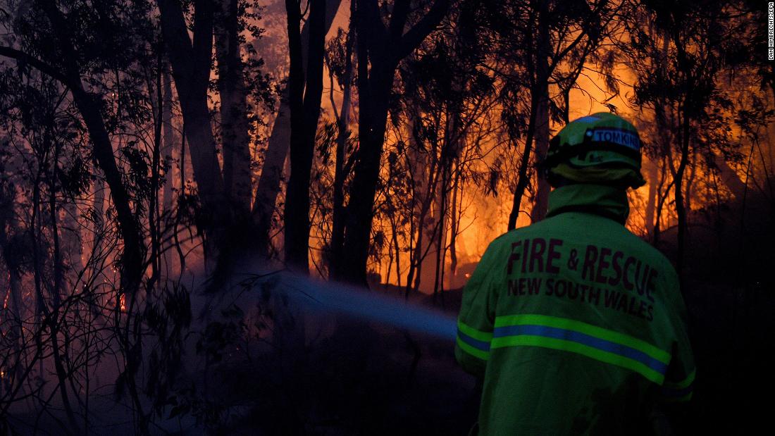 Firefighters try to put out a bushfire in Woodford on November 8.