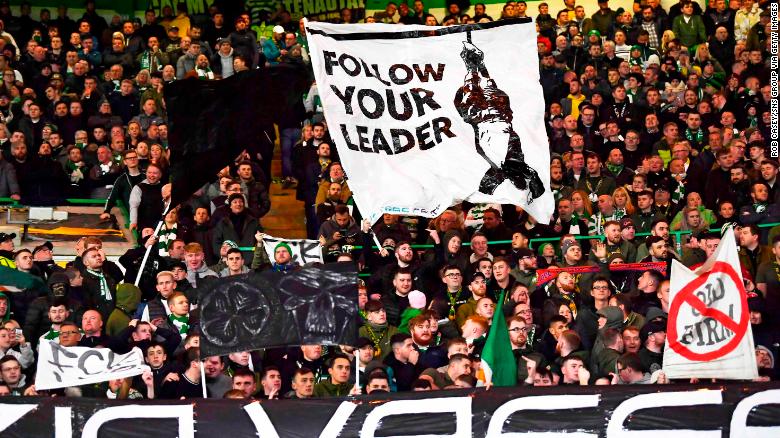Celtic&#39;s fans display banners during the UEFA Europe League group stage match between Celtic and Lazio, at Celtic Park, on October 24, 2019, in Glasgow, Scotland. sup