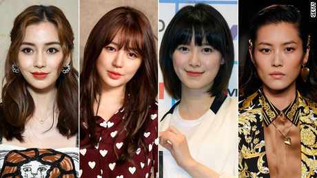 Several popular looks (from left to right): Chinese actress Angelababy, the &quot;M shaped&quot; lip of Korean actress Yoon Eun-hye, Korean actress Ku Hye-sun&#39;s &quot;baby face,&quot; Chinese model Liu Wen&#39;s single eyelids.