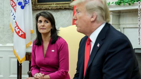 President Donald Trump speaks during a meeting with Nikki Haley, the United States Ambassador to the United Nations in the Oval office of the White House on October 9, 2018 in Washington.