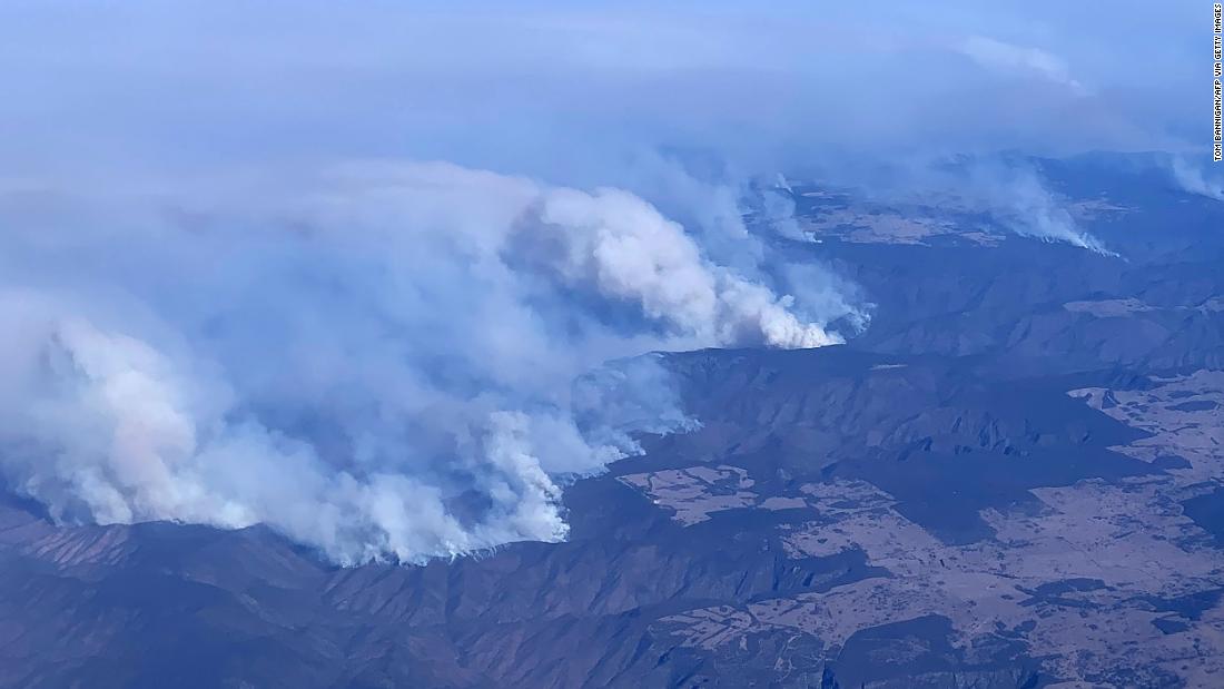 This aerial photo, taken on November 9, shows bushfires in the northeastern part New South Wales.