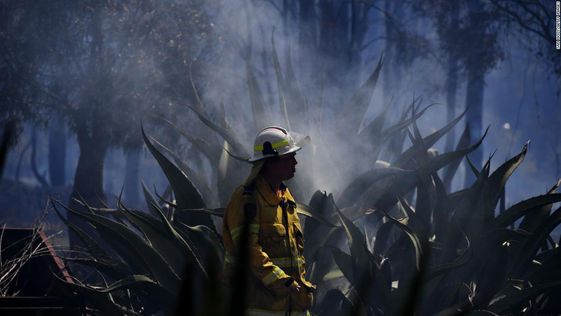 A firefighter mops up after a bushfire in the Sydney suburb of Llandilo on November 12.