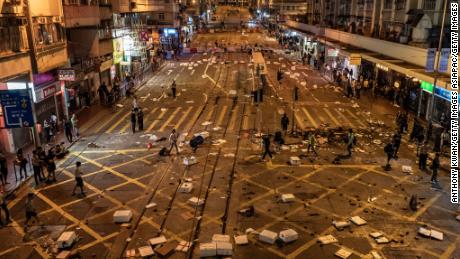 Foam board boxes are seen on a street during a demonstration on November 11, 2019 in Hong Kong, China. 