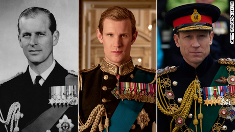 Prince Philip, who has been played by Matt Smith (center) and now Tobias Menzies (right).